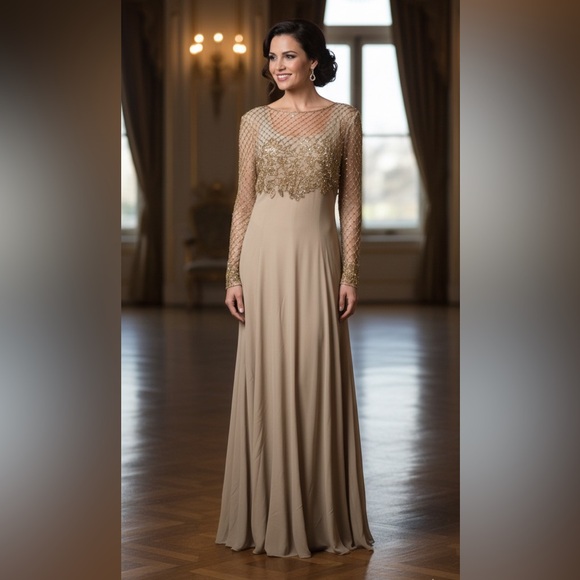 Jovani Dresses & Skirts - Jovani Evening Long Sleeve Beaded Illusion Beige Gatsby Deco Formal Keyhole Gown